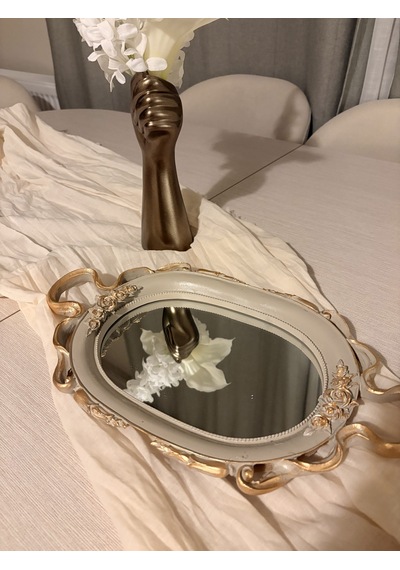 Küçük Oval Aynalı Kulplu Dekoratif Tepsi Vizon & Altın Varaklı 37x21 Cm