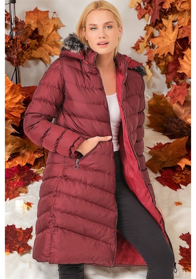 Z6690 Dewberry Kürklü Kapşonlu Bayan Kaban-düz Bordo-düz Bordo
