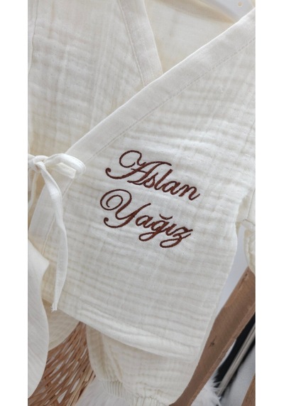Gros Shop 4 Katlı Müslin 5'li Kimono Bağcıklı Tulum %100pamuk Hastane Çıkışı Kişiye Özgü İsimli Nakış Desenli Ekru