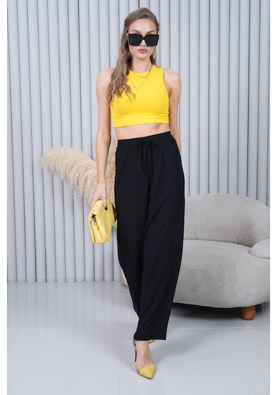 Polologin Butik Beli Bağcıklı Yüksek Bel Bol Paça Siyah Pantolon Siyah