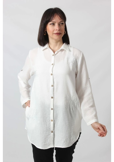 Moda Berray Bb-092 Beyaz Gümüş Yaldızlı Güneş Desenli Kolu Apoletli Yandan Cepli Tunik Gömlek Kadın Büyük Beden Beyaz