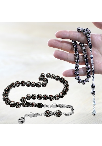 925 Ayar Gümüş Kral Zincir Püsküllü Gümüş-mercan İşleme Küre Kesim Erzurum Oltu Taşı Tesbih Siyah