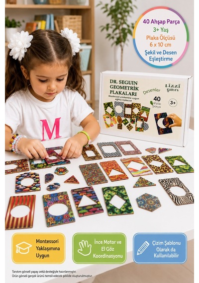 Montessori Ahşap Bultak Dr Seguin Geometrik Plakalar Şekil Desen Eşleştirme Seti 40 Parça 3+ 6x10 Cm
