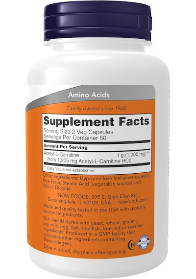 Now Foods Acetyl-l Carnitine 500 Mg Amino Acid Brain And Nerve 100 Veg Capsules Aromasız