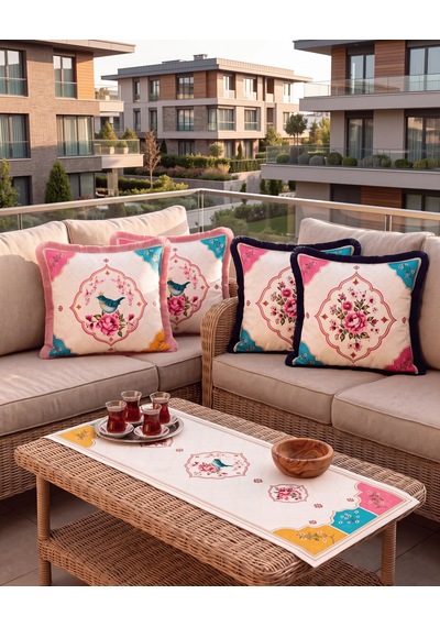 Kuş Ve Çiçek Desenli Runner + 4 Lü Kırlent Kılıfı Kombin Set 45 x 45