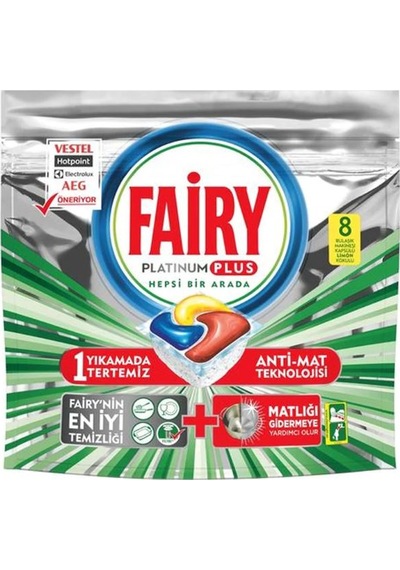 Fairy Platinum Plus Limon Kokulu Bulaşık Makinesi Deterjanı 8 Tablet