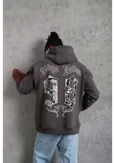 Erkek 98 Baskılı Kapşonlu Sweat - Gri Gri