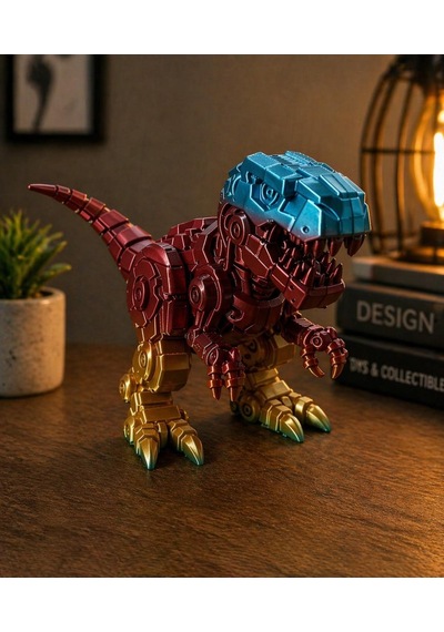 Robotik Görünümlü T-rex Dinozor Figürü Metalik Efektli Plastik Dekoratif Biblo Sabit Model