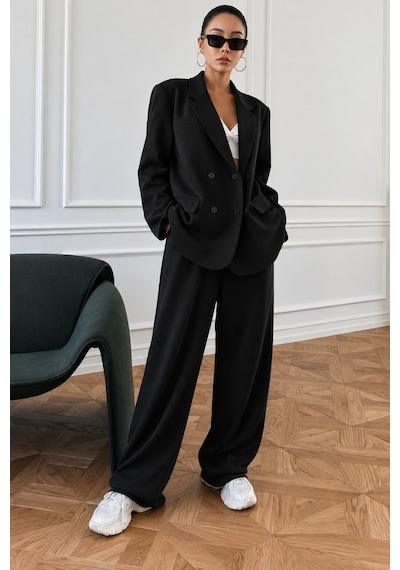 Mayrem Kadın Oversize Blazer Ceketli Rahat Gri Eşofman Takım SIYAH
