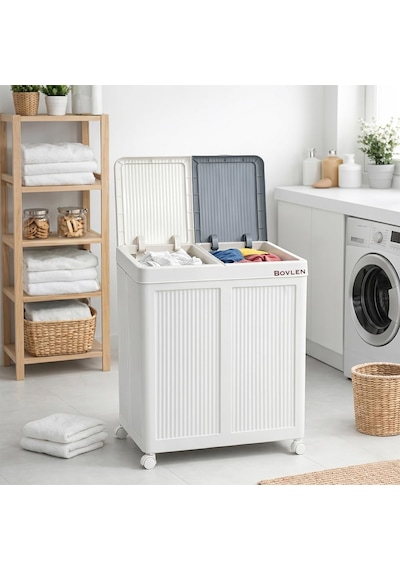 Mega Boy Havalandırmalı Çamaşır Sepeti - 100 Litre Oyuncak Kutusu - Tekerlekli - Çift Bölmeli 2x50 Lt - 49.5x36x6 Çok Renkli