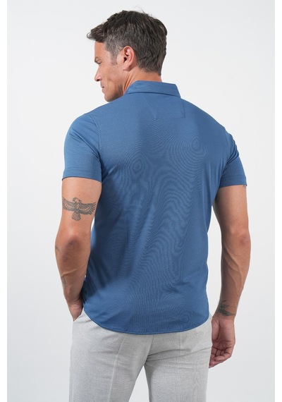 İmza İndigo İtalyan Yaka Kısa Kol Cepsiz Slim Fit Pamuklu Gömlek 1004260158 Koyu İndigo Mavi