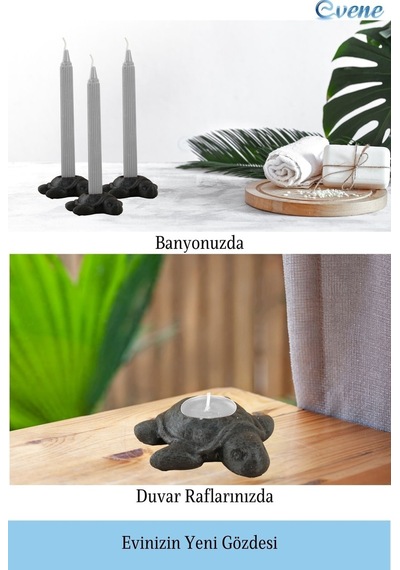 Mumluk Şamdan 3 Adet Tealight Ve İnce Mum Uyumlu Kaplumbağa Model - Siyah