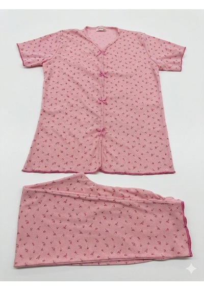 Sleeproom Yazlık Pembe Çiçek Desenli Kısa Kol Penye %100 Pamuk Pijama Takım Pembe Fuşya Çıtır Çiçek