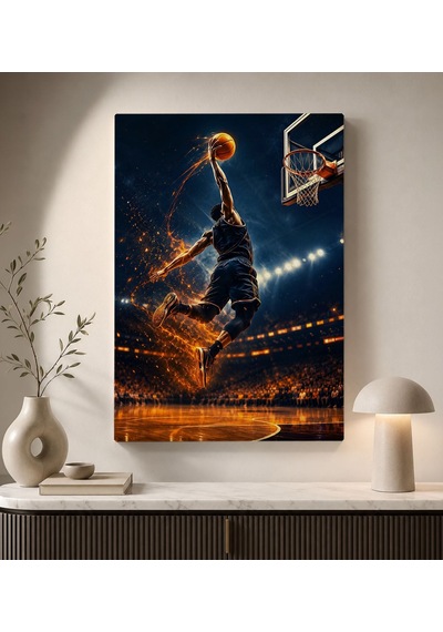 Bk Gift Basketbol Smaç Anı Ateş Efektli Sporcu Ve Potaya Atlayış Temalı Kanvas Duvar Tablosu 50x70 Cm