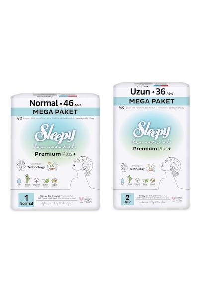 Sleepy Bio Natural Premium Plus Hijyenik Ped Mega Paket Normal 46'lı + Uzun 36'lı + Cüzdan