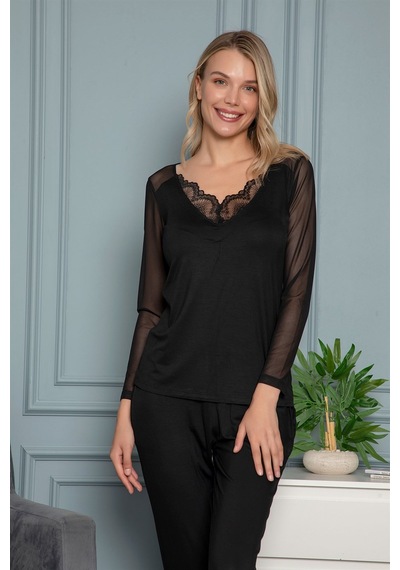 Monamise Kadın Sırtı Dekolteli Tüllü ve Dantelli Pijama Takımı Siyah