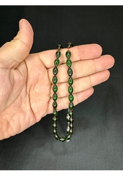 Ateş Kehribar Tesbih Arpa Kesim Yeşil Renk 6,5mm X 10,5mm T-538
