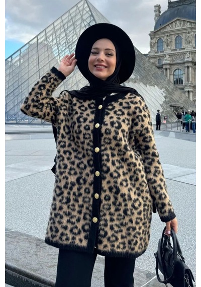 Woman And Kids Leopar Desen Düğmeli Triko Yumoş Uzun Hırka VIZON