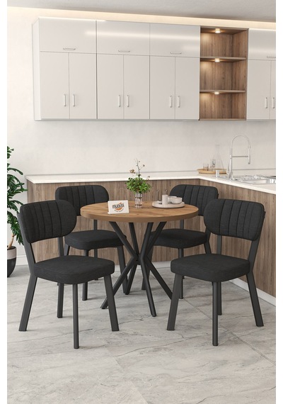 Gnr 90cm Sabit Atlantik Mutfak Masası Takımı, Yemek Masası, 4 Modern Siyah Sandalye Siyah