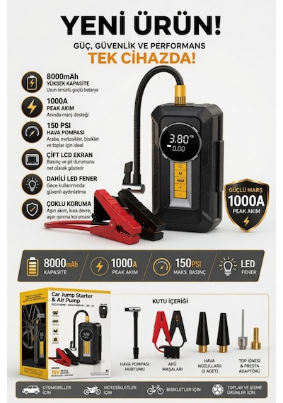 Akü Takviye Cihazı Araç Hava Kompresörü 1000a 150 Psı 8000 Mah