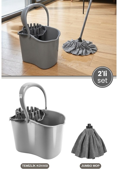 Flora 2 Li Temizlik Seti Gri, Sıkmalı Temizlik Yer Silme Kovası + Süper Emici Mikrofiber Jombo Mop