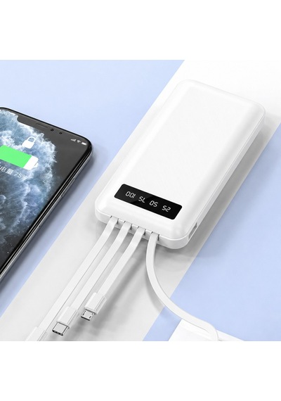 10000 Mah Powerbank 4 Ü 1 Arada Kablolu Taşınabilir Şarj Cihazı Dijital Göstergeli Type-c Micro Usb Lightning Usb-a Uyumlu Beyaz