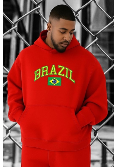 Benroma 3 İplik Penye Brazil Baskılı Büyük Beden Sweatshırt Kırmızı