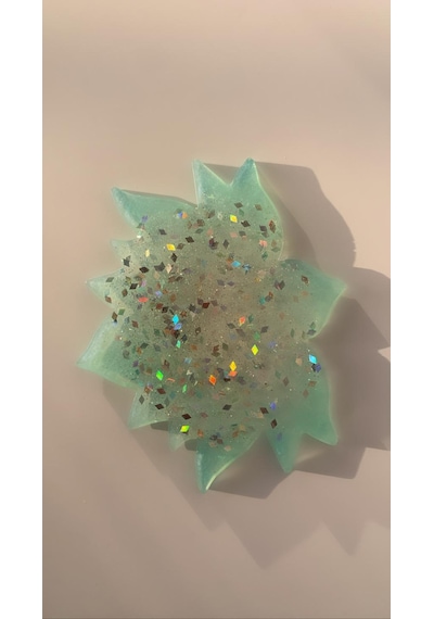 Turkuaz Lotus Çiçeği Desen Gümüş Glitterli Epoksi Bardak Altlığı Turkuaz