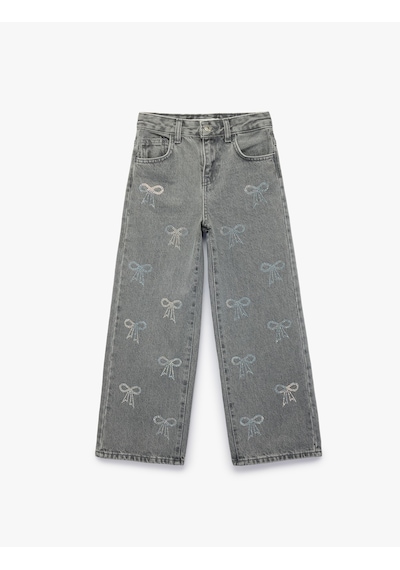 Koton Fiyonk Nakış Detaylı Pamuklu Geniş Paça Denim Pantolon Gri 7wkg40021ad