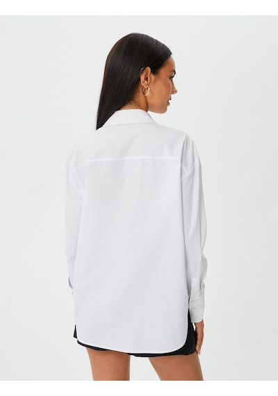 Koton Oversize Gömlek Cep Detaylı Düğmeli Uzun Kollu Pamuklu Kırık Beyaz 4wak60564uw Ekru
