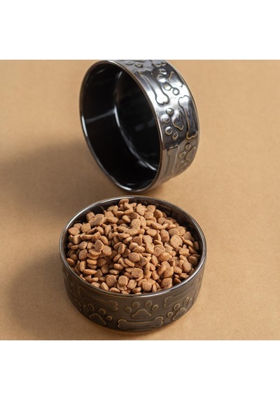 Siyah Kedi Köpek Mama Kabı 2li Seramik Kabartmalı Kedi Köpek Mama Ve Su Kabı 13.5 Cm 500ml