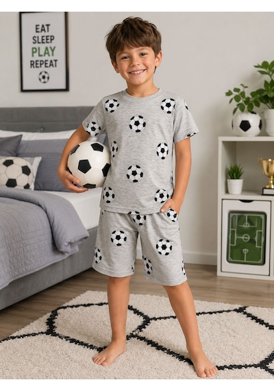 Aliş Kids Erkek Çocuk Pamuklu Gri Futbol Topu Desenli Kısa Kollu Şortlu Yazlık Pijama Takımı Aliş Kids Erkek Çocuk Pamuklu Gri Futbol Topu Desenli Kısa Kollu Şortlu Yazlık Pijama Takımı