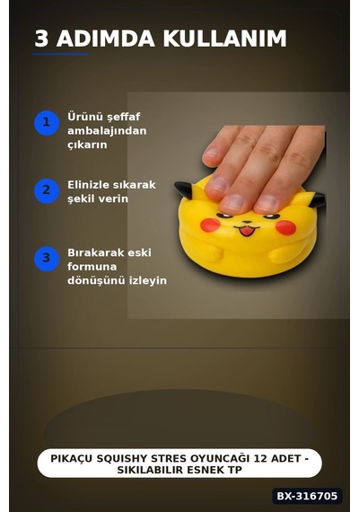 Pikaçu Squishy Stres Oyuncağı 12 Adet - Sıkılabilir Esnek Tpr Figür Bx-316705