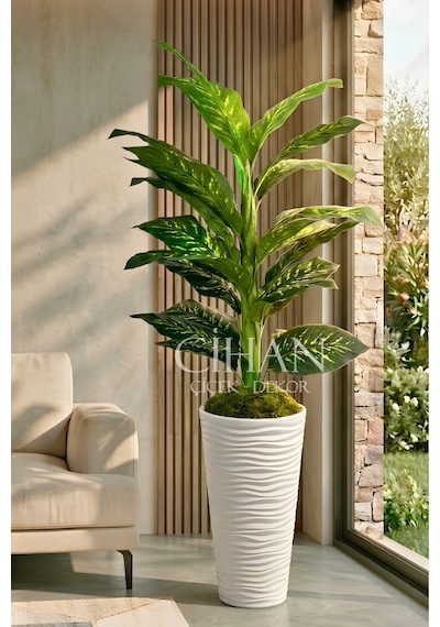 Yapay Difenbahya Ağacı - 57x30 Dekoratif Kumsal Saksılı 160 Cm Beyaz