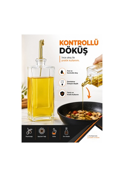 750 Ml Dikdörtgen Cam Yağdanlık Kontrollü Gold Döküş Başlıklı Zeytinyağı, Sirke Ve Sıvı Sos Şişesi Şeffaf