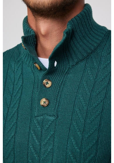 Tudors Erkek Slim Fit Dar Kesim Yumuşak Dokulu Desenli Dik Yaka Düğmeli Triko Yeşil Kazak-29889 Yeşil