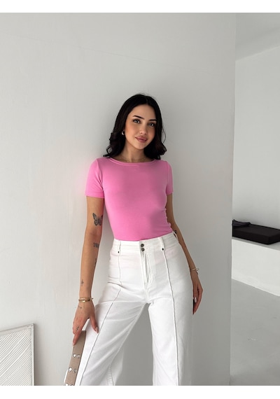 Elaxi Kadın Kısa Kollu Kayık Yaka Buzy Kumaş Tişört Pembe