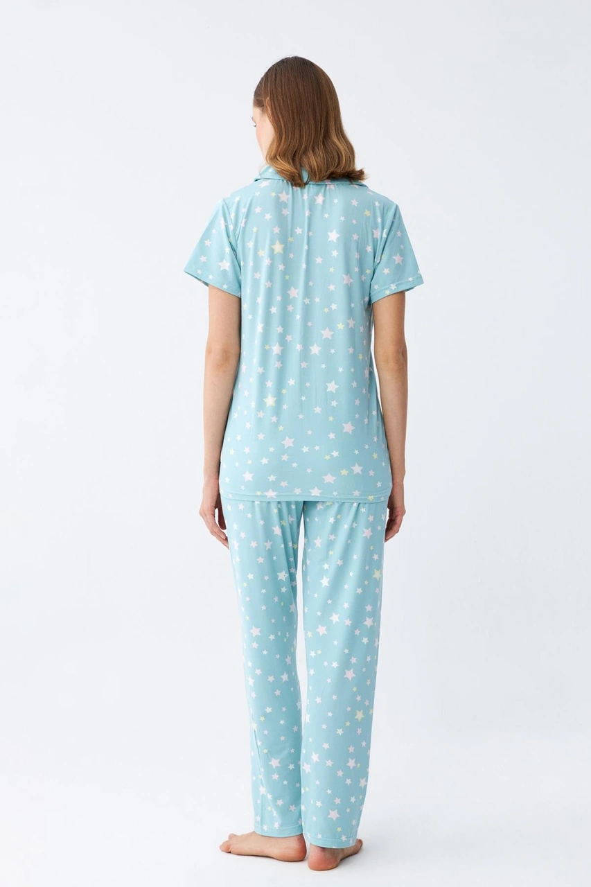 Akbeniz Kadın Buz Mavisi Yıldız Desenli Önden Düğmeli Pijama Takımı Buz Mavisi