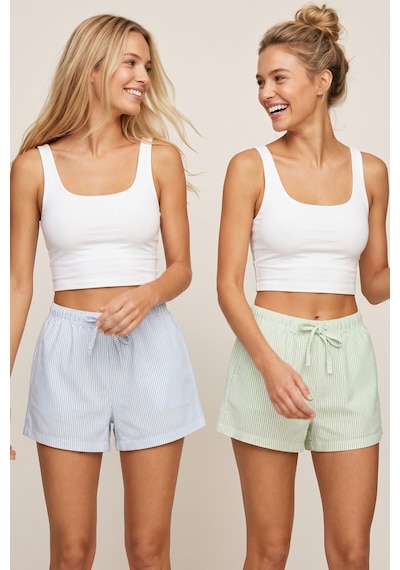 Siyah İnci 2'li Mevsimlik İnce Örme Şortlu Pijama Altı 8064 Mavi Yeşil Çizgi