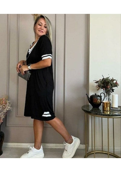 Efnaz Style Kadın Kısa Kollu V Yaka Ribana Detaylı Cepli Dizüstü Viskon Elbise Siyah