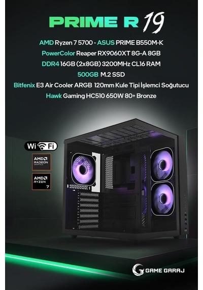 Game Garaj Prime R19 R7-5700 8 GB 16 GB 500 GB SSD RX9060XT Dos Masaüstü Oyuncu Bilgisayarı