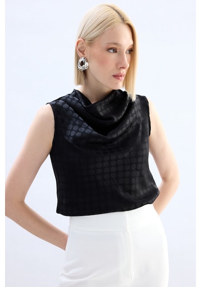 Sateen Puantiye Desenli Kolsuz Bluz - Siyah-136749 Siyah
