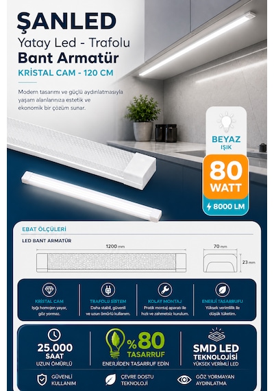 80wat 120 Cm Kristal Yatay Led Bant Armatür-trafolu Beyaz Işık -2 Adet