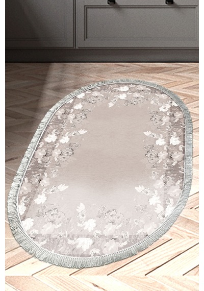 Dijital Baskılı Oval Salon Halısı Kaymaz Yıkanabilir Keçe Taban Saçaklı Çiçekli P1388 gri