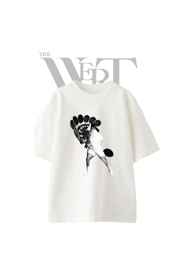 Thewert Tenis Vurusu Tasarım Baskılı Ünisex Beyaz Oversize T-shirt