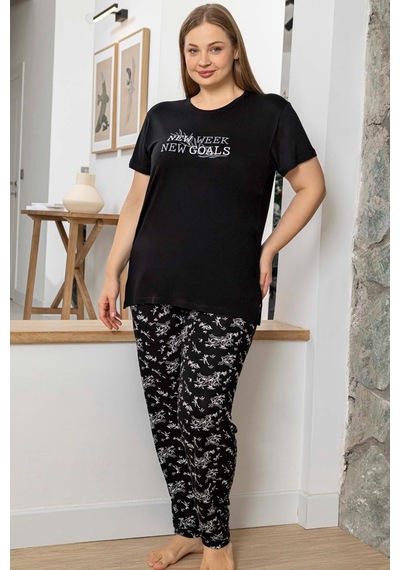 Aydoğan Kadın İnci Büyük Beden Kısa Kol Siyah Pijama Takım 0056 Siyah