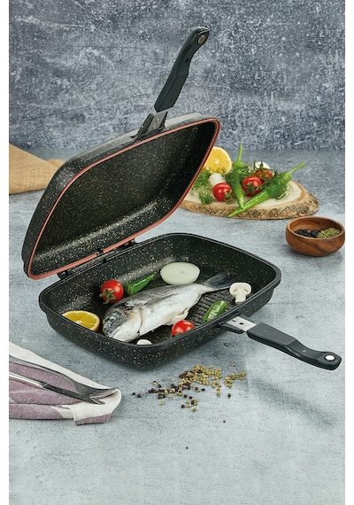 Polochef İron Granit Döküm Et Tavuk Balık Izgara Tavası 36 Cm Siyah Siyah