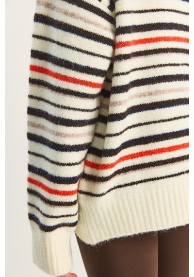Shade Kadın Bisiklet Yaka Çizgili Oversize Triko Kazak 2524 60283680 - Krem