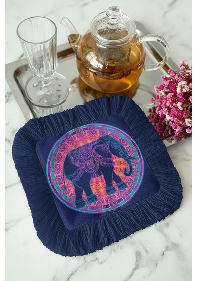 Mandala Fil Motifli Saçaklı Sunum Peçetesi - Hint Bohem Etnik Lacivert Turuncu Bardak Altlığı Mendil Yağmur Koyu Bej Mandala Fil Motifli Saçaklı Sunum Peçetesi - Hint Bohem Etnik Lacivert Turuncu Bardak Altlığı Mendil Yağmur Koyu Bej