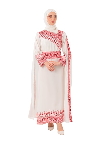 Zaytoon Eğimli Omuz Uzun Ve Açık Kollu Filistin Nakışlı Elbise M-3xl C100050 Beyaz
